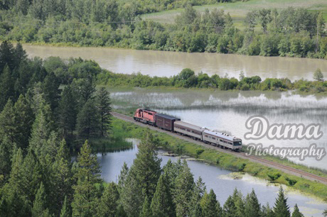 Train travelling through Columbia Wetlands in the Columbia Valley region, British Columbia, Canada